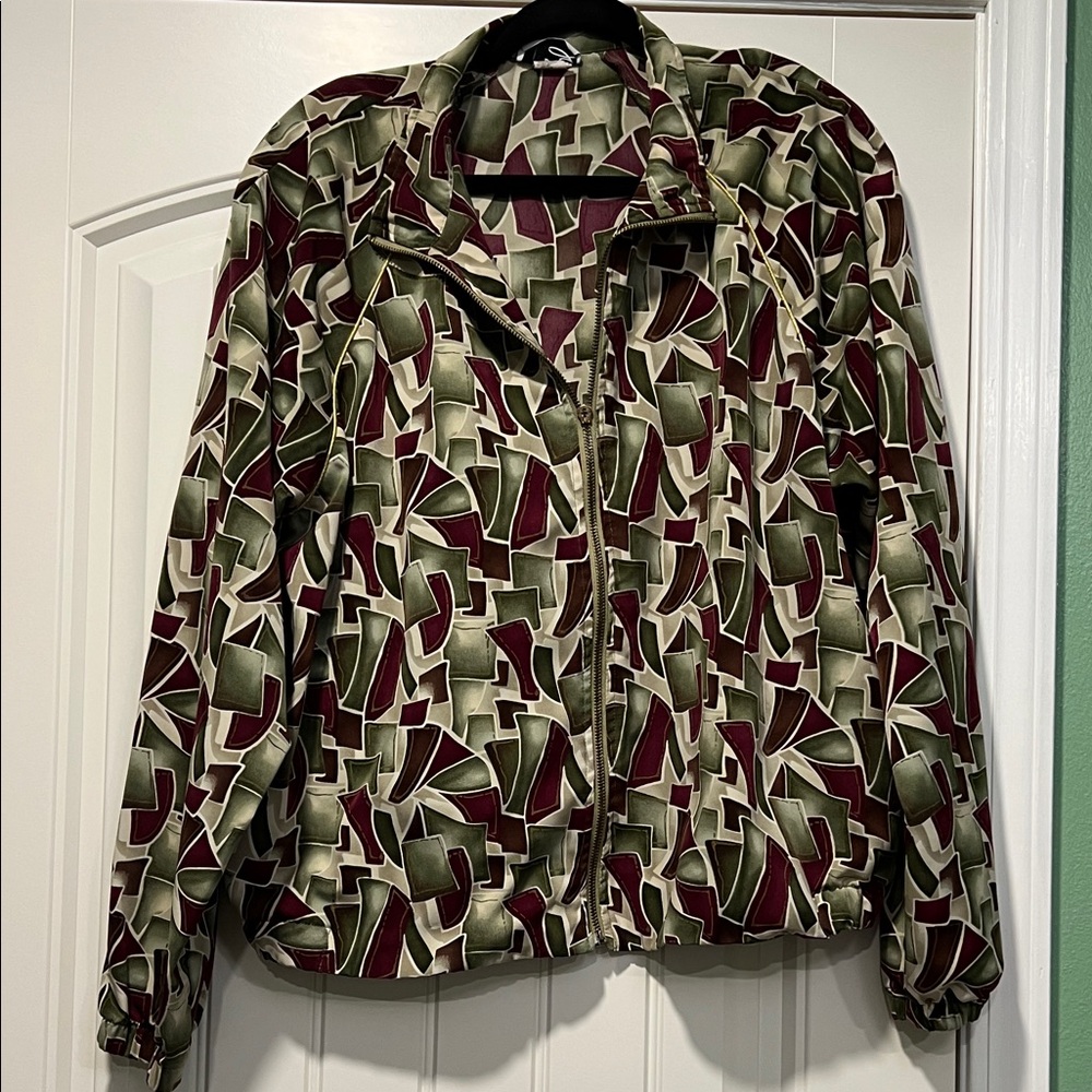 Tag Abstract Pattern Bomber Jacket in Olive and Maroon